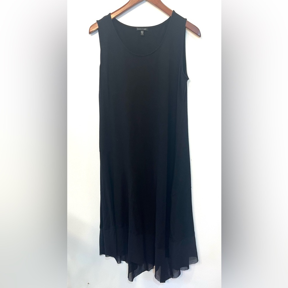 Eileen Fisher black asymmetrical midi dress sleeveless scoop neck medium - Picture 3 of 8